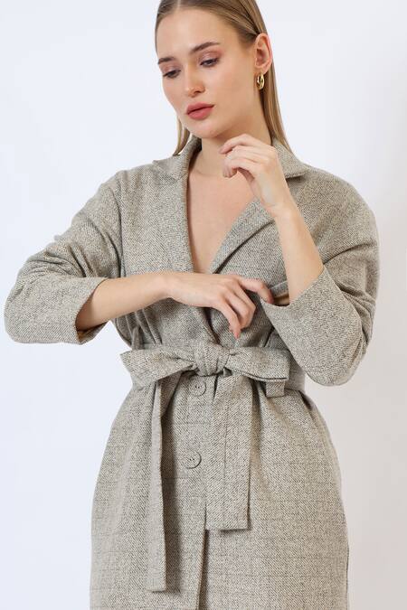 Musal_Beige Polyester, Wool Knitted Check Pattern Trench Coat _at_Aza_Fashions