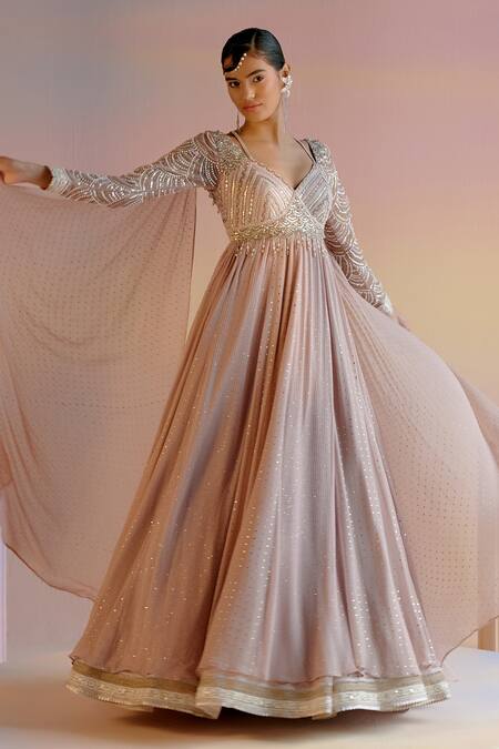 Shashank Arya_Pink Muslin, Georgette Pearls, Embroidered Anarkali With Overlay Sleeves _Online_at_Aza_Fashions