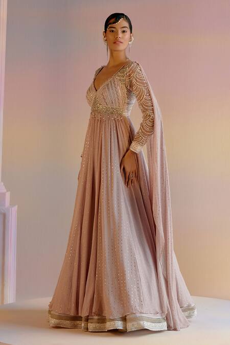 Buy_Shashank Arya_Pink Muslin, Georgette Pearls, Embroidered Anarkali With Overlay Sleeves _Online_at_Aza_Fashions