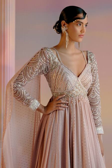 Shop_Shashank Arya_Pink Muslin, Georgette Pearls, Embroidered Anarkali With Overlay Sleeves _Online_at_Aza_Fashions