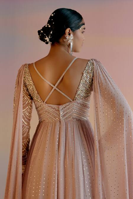 Shashank Arya_Pink Muslin, Georgette Pearls, Embroidered Anarkali With Overlay Sleeves _at_Aza_Fashions