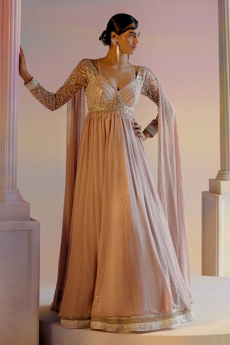 Buy_Shashank Arya_Pink Muslin, Georgette Pearls, Embroidered Anarkali With Overlay Sleeves 