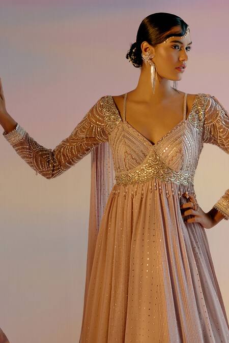 Shop_Shashank Arya_Pink Muslin, Georgette Pearls, Embroidered Anarkali With Overlay Sleeves 