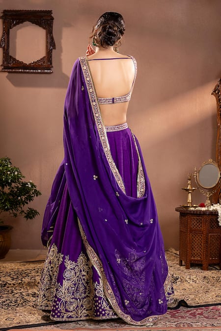 Shop Krishna Padia Purple Organza, Maheshwari Embroidery, Zari Scoop Floral Zardozi Lehenga Set at Aza Fashions Shop_Krishna Padia_Purple Organza, Maheshwari Embroidery, Zari Scoop Floral Zardozi Lehenga Set_at_Aza_Fashions