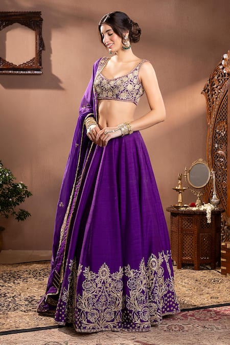 Krishna Padia Purple Organza, Maheshwari Embroidery, Zari Scoop Floral Zardozi Lehenga Set Online at Aza Fashions Krishna Padia_Purple Organza, Maheshwari Embroidery, Zari Scoop Floral Zardozi Lehenga Set_Online_at_Aza_Fashions