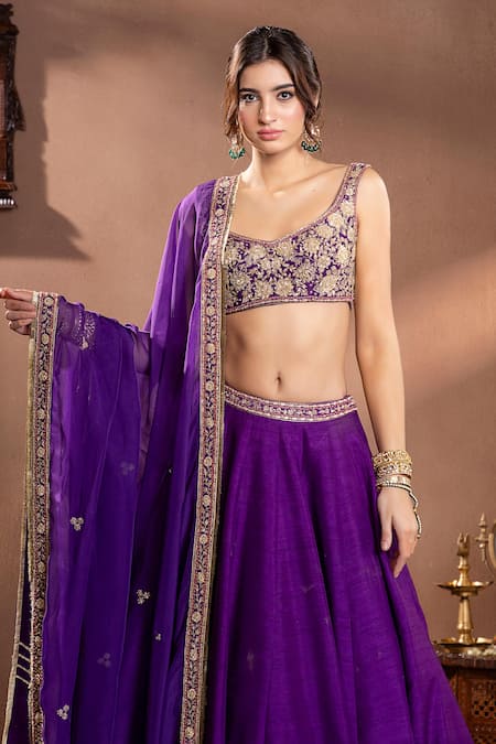 Buy Krishna Padia Purple Organza, Maheshwari Embroidery, Zari Scoop Floral Zardozi Lehenga Set Online at Aza Fashions Buy_Krishna Padia_Purple Organza, Maheshwari Embroidery, Zari Scoop Floral Zardozi Lehenga Set_Online_at_Aza_Fashions