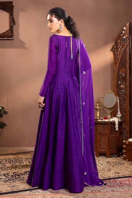 Shop Krishna Padia Purple Muslin, Organza, Maheshwari Embroidery Munga Silk Floral Anarkali Set at Aza Fashions Shop_Krishna Padia_Purple Muslin, Organza, Maheshwari Embroidery Munga Silk Floral Anarkali Set _at_Aza_Fashions