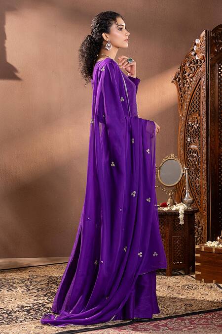 Krishna Padia Purple Muslin, Organza, Maheshwari Embroidery Munga Silk Floral Anarkali Set Online at Aza Fashions Krishna Padia_Purple Muslin, Organza, Maheshwari Embroidery Munga Silk Floral Anarkali Set _Online_at_Aza_Fashions