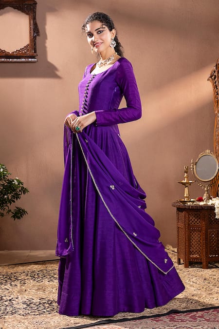 Buy Krishna Padia Purple Muslin, Organza, Maheshwari Embroidery Munga Silk Floral Anarkali Set Online at Aza Fashions Buy_Krishna Padia_Purple Muslin, Organza, Maheshwari Embroidery Munga Silk Floral Anarkali Set _Online_at_Aza_Fashions