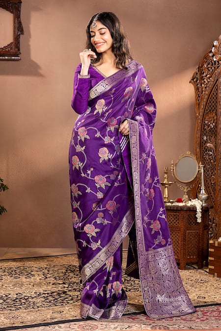 Krishna Padia_Purple Silk, Muslin Zari, Embroidery Polo Collar Woven Rosette Saree Set_Online_at_Aza_Fashions