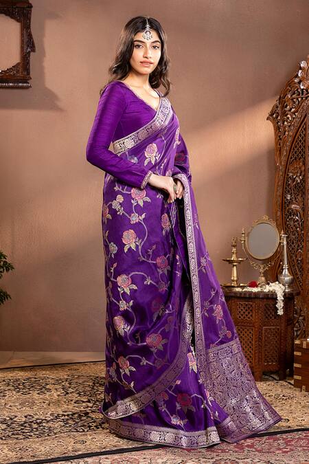 Buy_Krishna Padia_Purple Silk, Muslin Zari, Embroidery Polo Collar Woven Rosette Saree Set_Online_at_Aza_Fashions
