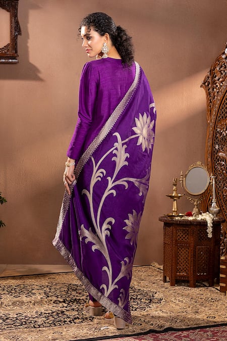 Shop Krishna Padia Purple Muslin, Maheshwari Embroidery Round Neck Floral Pattern Kurta Set at Aza Fashions Shop_Krishna Padia_Purple Muslin, Maheshwari Embroidery Round Neck Floral Pattern Kurta Set _at_Aza_Fashions