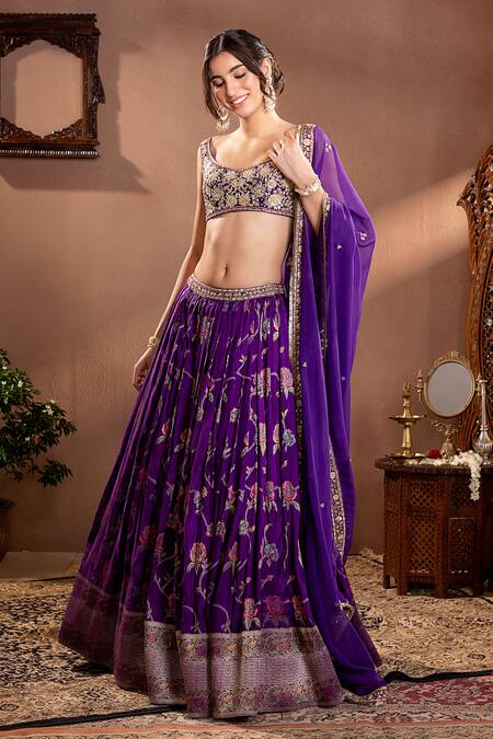 Krishna Padia_Purple Silk, Organza, Muslin Zari, Embroidery Scoop Floral Zardozi Lehenga Set _Online_at_Aza_Fashions