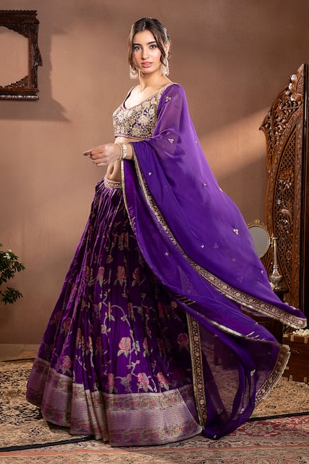 Shop_Krishna Padia_Purple Silk, Organza, Muslin Zari, Embroidery Scoop Floral Zardozi Lehenga Set _Online_at_Aza_Fashions