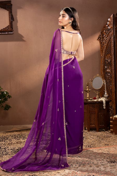 Shop Krishna Padia Purple Organza, Muslin Zari, Embroidery Scoop Neck Floral Zardozi Saree Set at Aza Fashions Shop_Krishna Padia_Purple Organza, Muslin Zari, Embroidery Scoop Neck Floral Zardozi Saree Set _at_Aza_Fashions