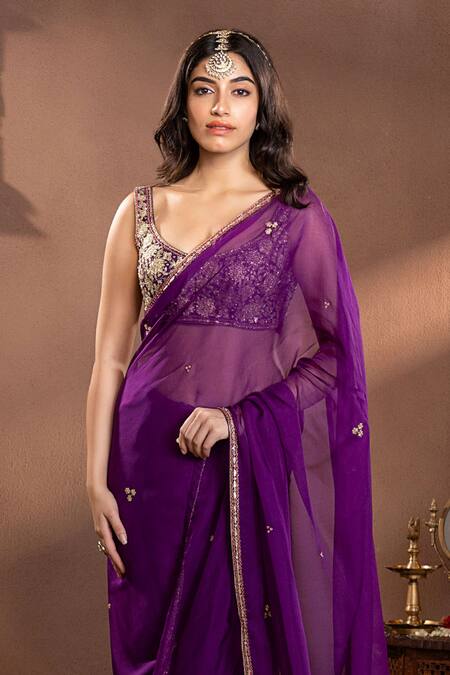 Krishna Padia Purple Organza, Muslin Zari, Embroidery Scoop Neck Floral Zardozi Saree Set Online at Aza Fashions Krishna Padia_Purple Organza, Muslin Zari, Embroidery Scoop Neck Floral Zardozi Saree Set _Online_at_Aza_Fashions