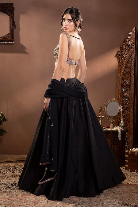 Shop Krishna Padia Black Organza, Muslin Zari, Embroidery Square Neck Floral Lehenga Set at Aza Fashions Shop_Krishna Padia_Black Organza, Muslin Zari, Embroidery Square Neck Floral Lehenga Set _at_Aza_Fashions