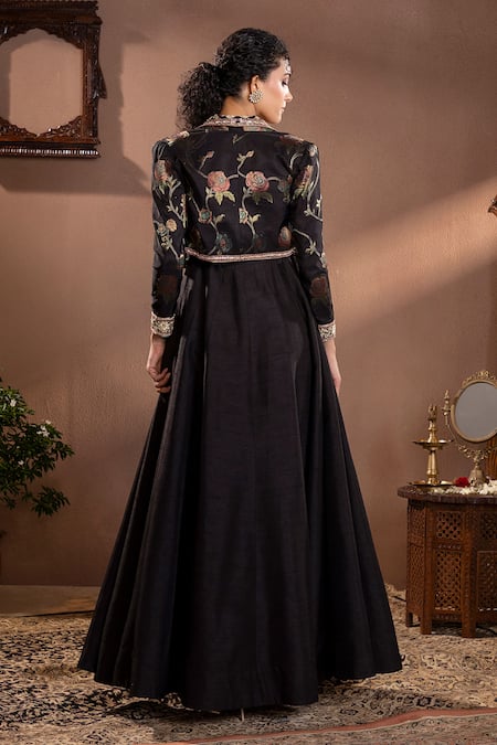 Shop Krishna Padia Black Silk, Muslin Embroidery, Zari Round Rosette Pattern Jacket With Anarkali at Aza Fashions Shop_Krishna Padia_Black Silk, Muslin Embroidery, Zari Round Rosette Pattern Jacket With Anarkali _at_Aza_Fashions
