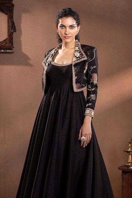 Krishna Padia Black Silk, Muslin Embroidery, Zari Round Rosette Pattern Jacket With Anarkali Online at Aza Fashions Krishna Padia_Black Silk, Muslin Embroidery, Zari Round Rosette Pattern Jacket With Anarkali _Online_at_Aza_Fashions