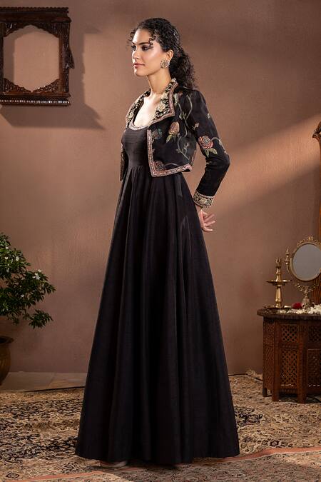 Buy Krishna Padia Black Silk, Muslin Embroidery, Zari Round Rosette Pattern Jacket With Anarkali Online at Aza Fashions Buy_Krishna Padia_Black Silk, Muslin Embroidery, Zari Round Rosette Pattern Jacket With Anarkali _Online_at_Aza_Fashions