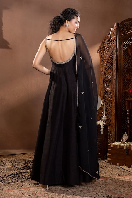 Shop Krishna Padia Black Organza, Muslin Embroidery Scoop Neck Munga Silk Anarkali Set at Aza Fashions Shop_Krishna Padia_Black Organza, Muslin Embroidery Scoop Neck Munga Silk Anarkali Set _at_Aza_Fashions