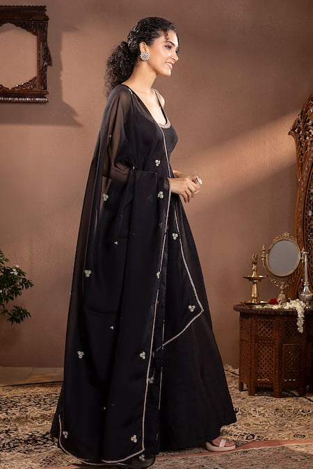 Buy Krishna Padia Black Organza, Muslin Embroidery Scoop Neck Munga Silk Anarkali Set Online at Aza Fashions Buy_Krishna Padia_Black Organza, Muslin Embroidery Scoop Neck Munga Silk Anarkali Set _Online_at_Aza_Fashions