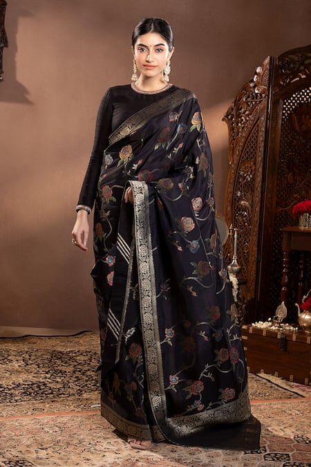 wildflower by krishna Black Rosette Vine Pattern Saree Set 