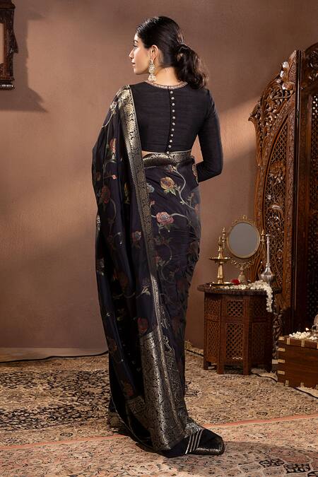 Shop_Krishna Padia_Black Silk, Muslin Zari, Embroidery Round Neck Rosette Vine Pattern Saree Set_at_Aza_Fashions