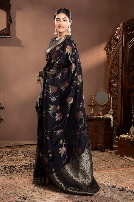 Krishna Padia_Black Silk, Muslin Zari, Embroidery Round Neck Rosette Vine Pattern Saree Set_Online_at_Aza_Fashions