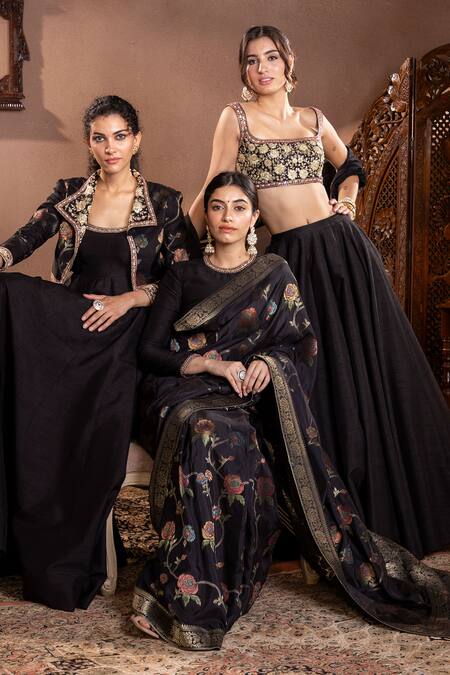 Buy_Krishna Padia_Black Silk, Muslin Zari, Embroidery Round Neck Rosette Vine Pattern Saree Set_Online_at_Aza_Fashions