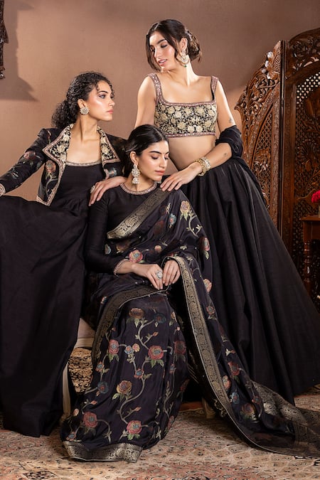 Shop_Krishna Padia_Black Silk, Muslin Zari, Embroidery Round Neck Rosette Vine Pattern Saree Set_Online_at_Aza_Fashions