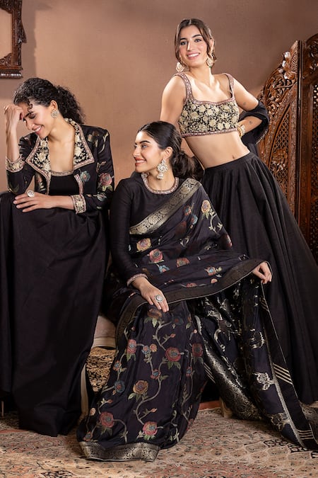 Krishna Padia_Black Silk, Muslin Zari, Embroidery Round Neck Rosette Vine Pattern Saree Set_at_Aza_Fashions