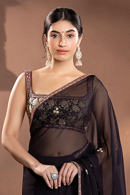 Buy Krishna Padia Black Organza, Muslin Embroidery Square Neck Floral Saree Set Online at Aza Fashions Buy_Krishna Padia_Black Organza, Muslin Embroidery Square Neck Floral Saree Set _Online_at_Aza_Fashions