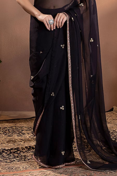 Shop Krishna Padia Black Organza, Muslin Embroidery Square Neck Floral Saree Set Online at Aza Fashions Shop_Krishna Padia_Black Organza, Muslin Embroidery Square Neck Floral Saree Set _Online_at_Aza_Fashions