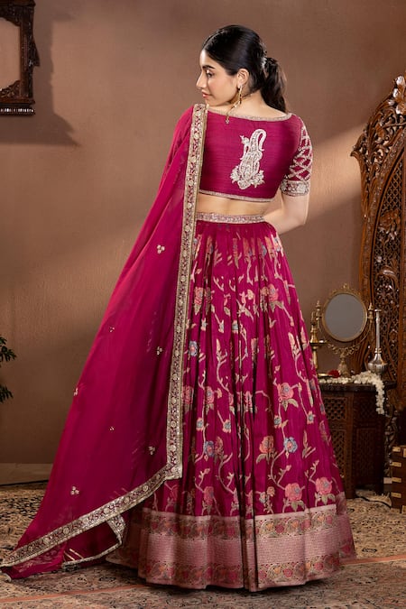 Shop Krishna Padia Wine Silk, Organza, Muslin Zari, Embroidery Scoop Rosette Pattern Lehenga Set at Aza Fashions Shop_Krishna Padia_Wine Silk, Organza, Muslin Zari, Embroidery Scoop Rosette Pattern Lehenga Set _at_Aza_Fashions