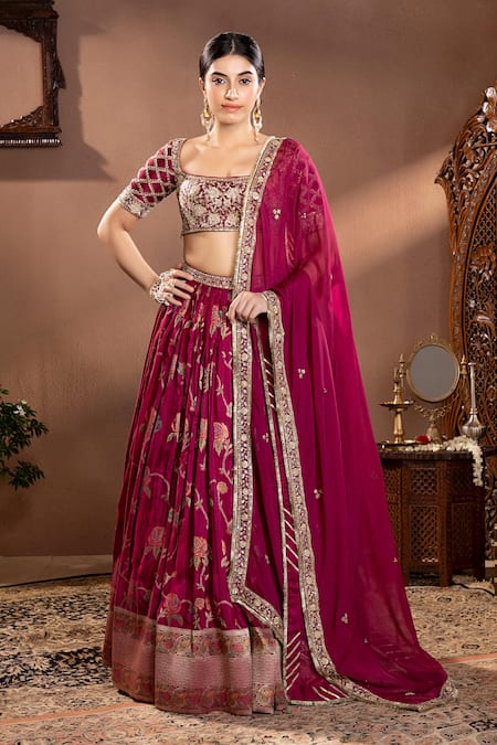 Krishna Padia Wine Silk, Organza, Muslin Zari, Embroidery Scoop Rosette Pattern Lehenga Set Online at Aza Fashions Krishna Padia_Wine Silk, Organza, Muslin Zari, Embroidery Scoop Rosette Pattern Lehenga Set _Online_at_Aza_Fashions