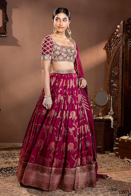Shop Krishna Padia Wine Silk, Organza, Muslin Zari, Embroidery Scoop Rosette Pattern Lehenga Set Online at Aza Fashions Shop_Krishna Padia_Wine Silk, Organza, Muslin Zari, Embroidery Scoop Rosette Pattern Lehenga Set _Online_at_Aza_Fashions