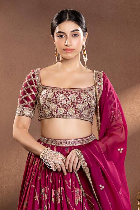 Krishna Padia Wine Silk, Organza, Muslin Zari, Embroidery Scoop Rosette Pattern Lehenga Set at Aza Fashions Krishna Padia_Wine Silk, Organza, Muslin Zari, Embroidery Scoop Rosette Pattern Lehenga Set _at_Aza_Fashions