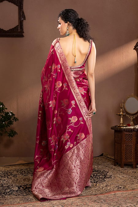 Shop Krishna Padia Wine Silk, Muslin Embroidery Scoop Neck Rose Bloom Woven Saree Set at Aza Fashions Shop_Krishna Padia_Wine Silk, Muslin Embroidery Scoop Neck Rose Bloom Woven Saree Set_at_Aza_Fashions