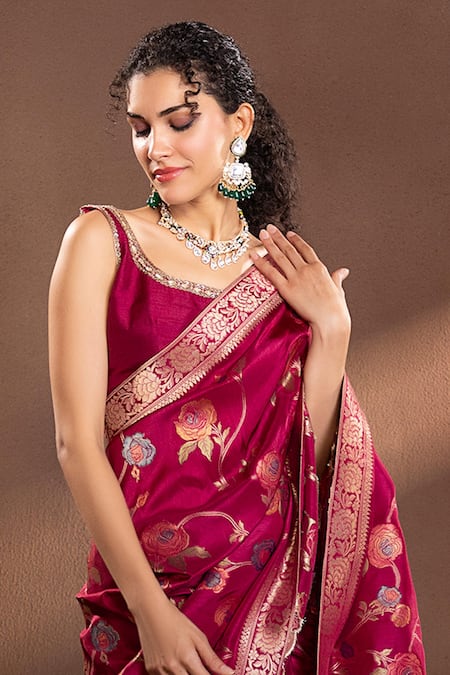 Krishna Padia Wine Silk, Muslin Embroidery Scoop Neck Rose Bloom Woven Saree Set Online at Aza Fashions Krishna Padia_Wine Silk, Muslin Embroidery Scoop Neck Rose Bloom Woven Saree Set_Online_at_Aza_Fashions