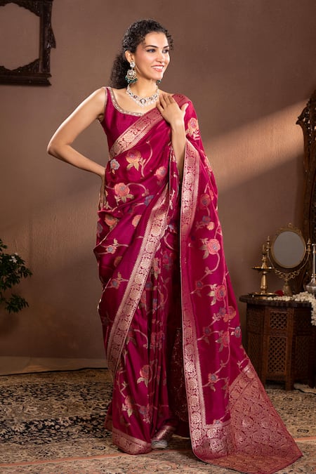 Buy Krishna Padia Wine Silk, Muslin Embroidery Scoop Neck Rose Bloom Woven Saree Set Online at Aza Fashions Buy_Krishna Padia_Wine Silk, Muslin Embroidery Scoop Neck Rose Bloom Woven Saree Set_Online_at_Aza_Fashions