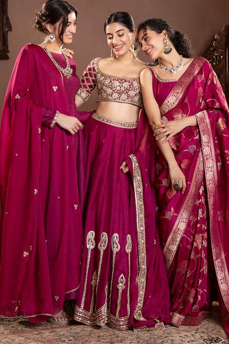 Krishna Padia Wine Organza, Muslin Embroidery, Zari Scoop Neck Floral Zardozi Lehenga Set Online at Aza Fashions Krishna Padia_Wine Organza, Muslin Embroidery, Zari Scoop Neck Floral Zardozi Lehenga Set_Online_at_Aza_Fashions
