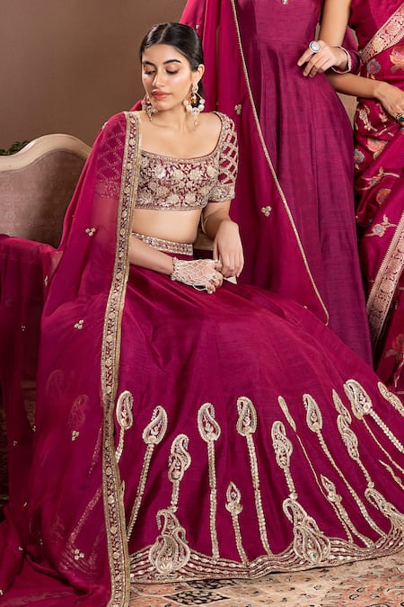 Buy Krishna Padia Wine Organza, Muslin Embroidery, Zari Scoop Neck Floral Zardozi Lehenga Set Online at Aza Fashions Buy_Krishna Padia_Wine Organza, Muslin Embroidery, Zari Scoop Neck Floral Zardozi Lehenga Set_Online_at_Aza_Fashions