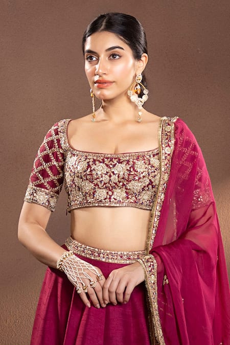 Krishna Padia Wine Organza, Muslin Embroidery, Zari Scoop Neck Floral Zardozi Lehenga Set at Aza Fashions Krishna Padia_Wine Organza, Muslin Embroidery, Zari Scoop Neck Floral Zardozi Lehenga Set_at_Aza_Fashions