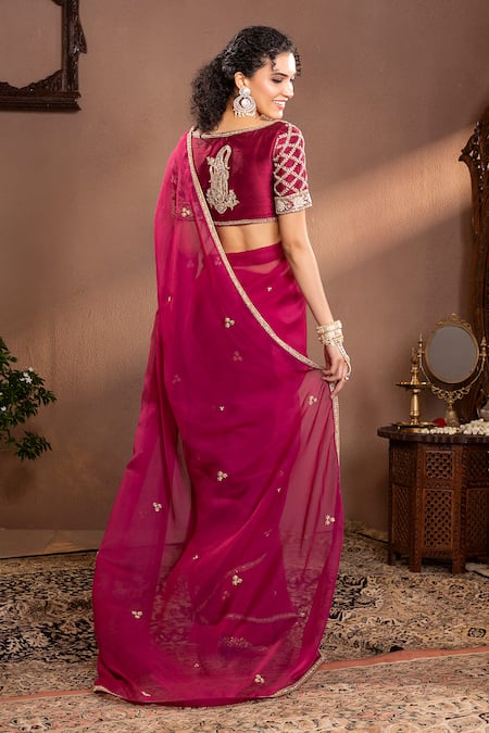 Shop Krishna Padia Wine Organza, Muslin Zari, Embroidery Scoop Neck Floral Hand Saree Set at Aza Fashions Shop_Krishna Padia_Wine Organza, Muslin Zari, Embroidery Scoop Neck Floral Hand Saree Set _at_Aza_Fashions