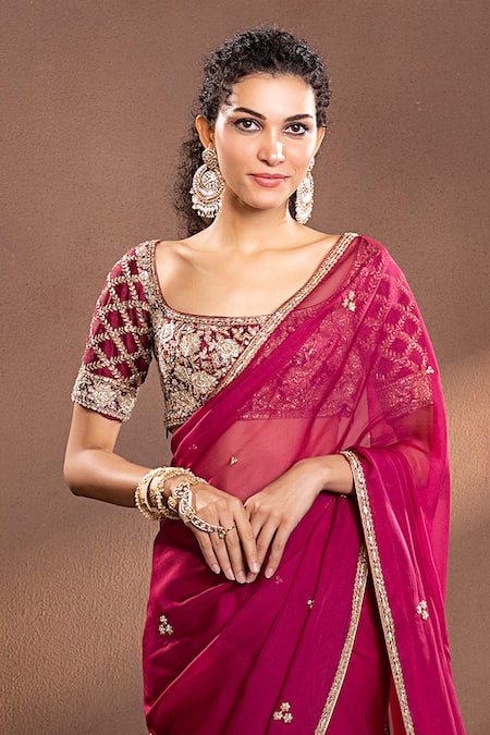 Krishna Padia Wine Organza, Muslin Zari, Embroidery Scoop Neck Floral Hand Saree Set Online at Aza Fashions Krishna Padia_Wine Organza, Muslin Zari, Embroidery Scoop Neck Floral Hand Saree Set _Online_at_Aza_Fashions