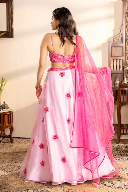 Shop_Krishna Padia_Pink Organza, Net Beads, Sequins, Cut Work, Embroidery Floral Lehenga Set _at_Aza_Fashions
