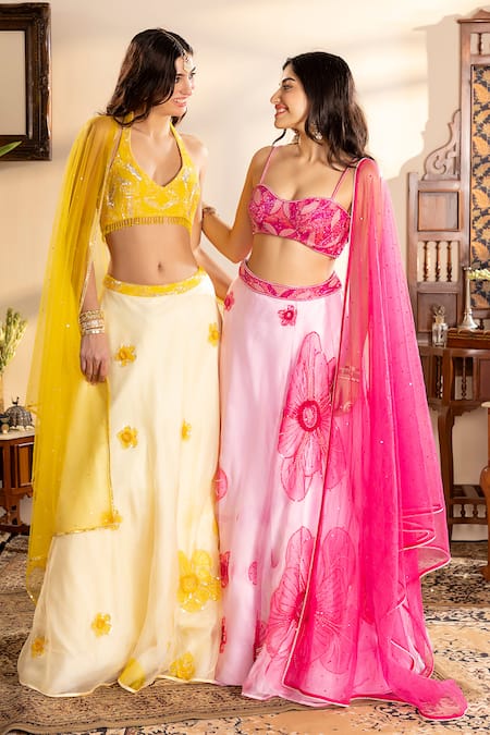 Krishna Padia_Pink Organza, Net Beads, Sequins, Cut Work, Embroidery Floral Lehenga Set _Online_at_Aza_Fashions
