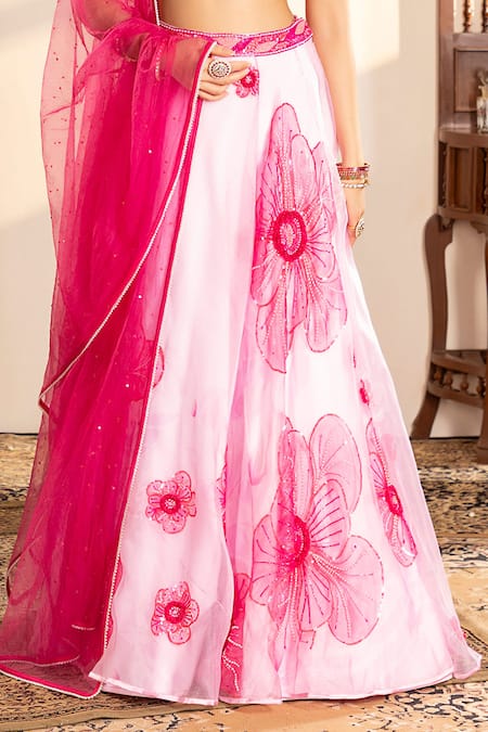 Buy_Krishna Padia_Pink Organza, Net Beads, Sequins, Cut Work, Embroidery Floral Lehenga Set _Online_at_Aza_Fashions