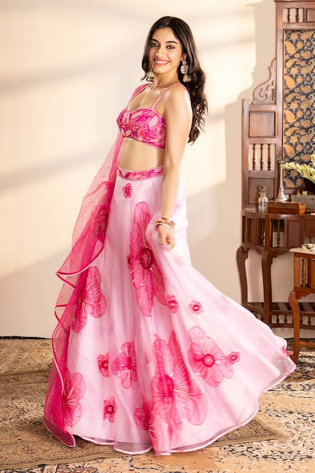 Krishna Padia_Pink Organza, Net Beads, Sequins, Cut Work, Embroidery Floral Lehenga Set _at_Aza_Fashions